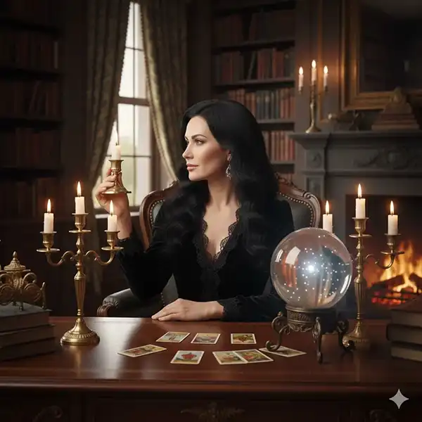 Обряд гадания на Таро — гадалка проводит эзотерический ритуал при свечах
